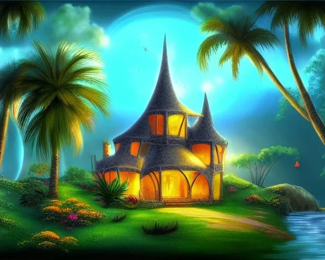 mystical house on a hot tropical island, fantasy art,