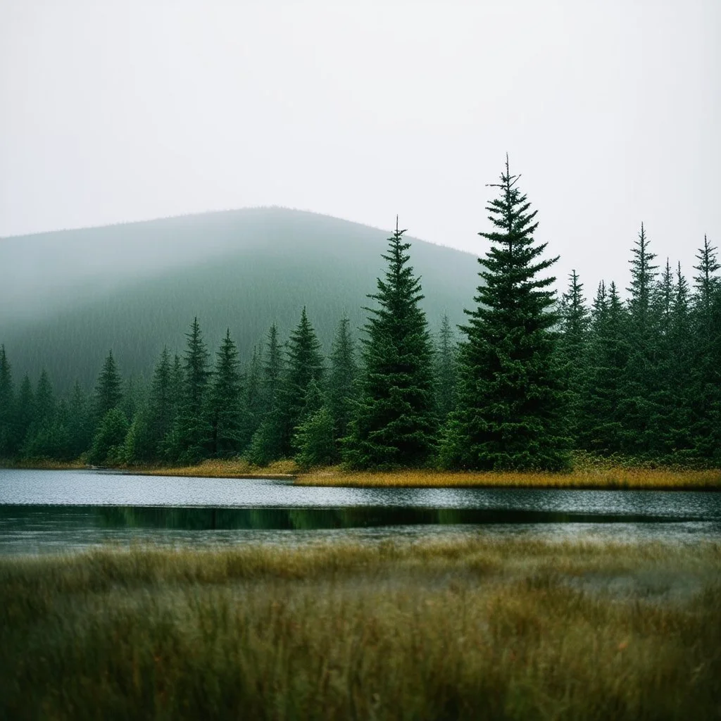 A polaroid photo of a group of fir trees in the background and a high hill in the distance. A lake. The surface below is in a pastel color. Fog is present.