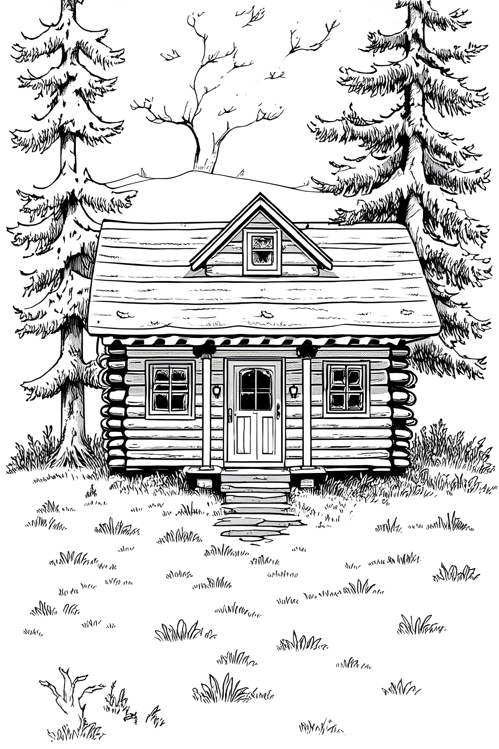 Create an illustration of an adorable, Cozy Cabin, A charming log cabin surrounded by trees, drawn in a simple, easy-to-color style. The drawing should be reminiscent of classic children's book illustrations. It should be black and white, leaving plenty of room for a 4-year-old child to showcase their coloring skills