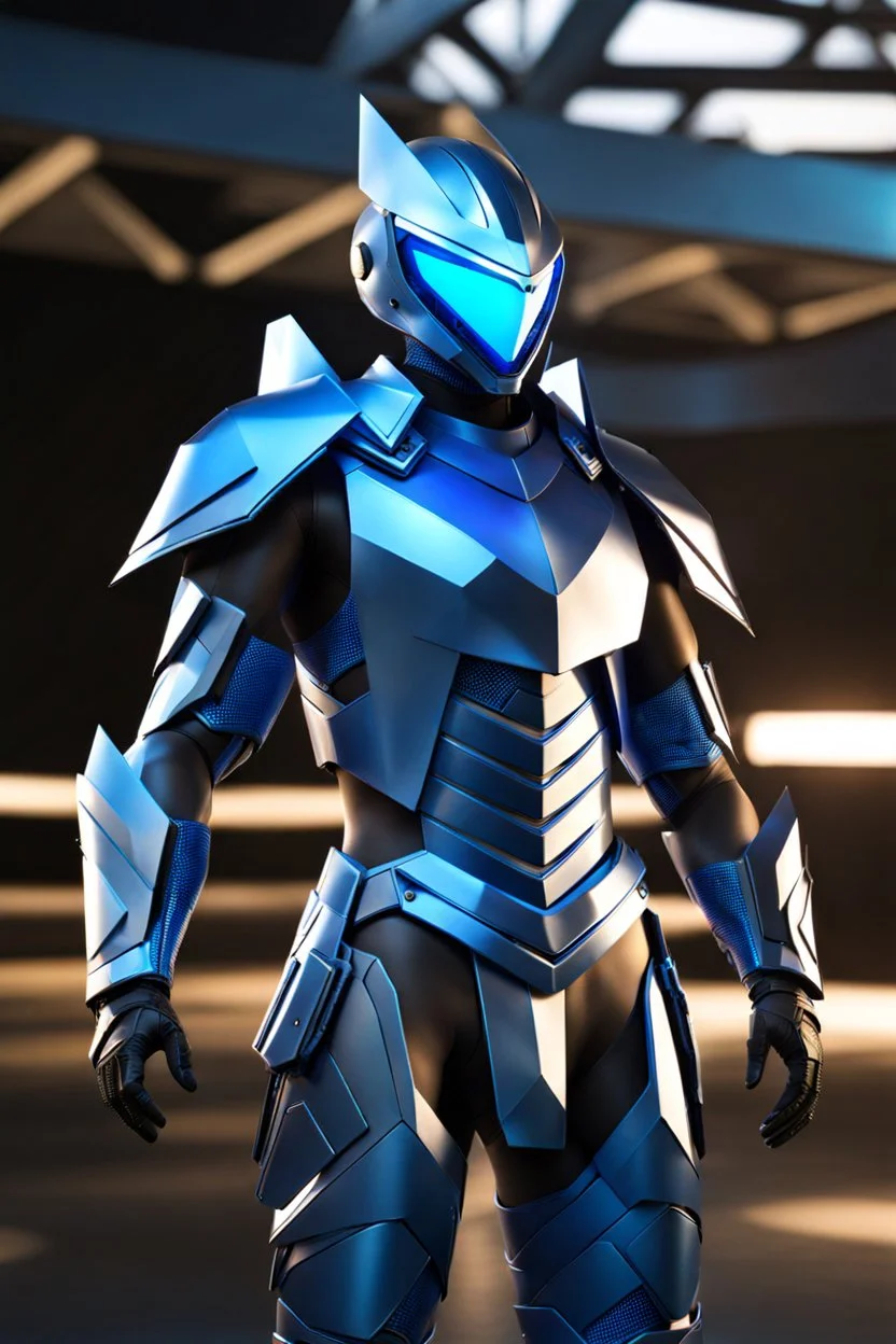 neon blue, flying parts of armor in form of triangles, cyber armor, geometric patterns on armor, male, orbiting triangle