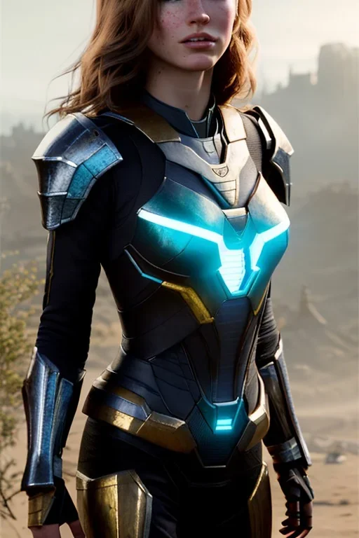 ultrarealistic, panoramic, concept art, strikingly beautiful (18 year old girl:1.2),_skimpy sci-fi armor_, Hair (long ginger:1.1), Face (freckles:1.2), body, medium breasts (light cleavage:1.2), tracing, ambient light, highres, (hyperrealistic:1.2), (perfect face:1.1), intricate (high detail:1.1) body, beautiful detailed eyes (emerald:1.3), _camera_, plump lips ,sci-fi theme, Model hash: ddc3021b