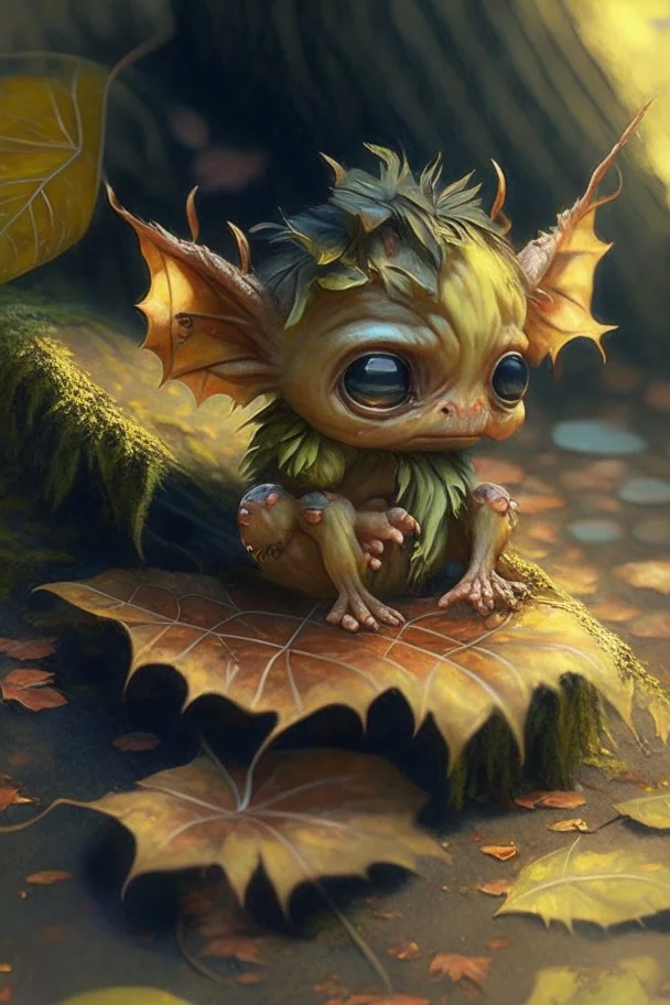 cute tiny forest demon sitting on a fallen leaf, intricately detailed, photorealistic, oil on canvas, trending on art station, high definition, hdr, cute, beautiful in sunshine