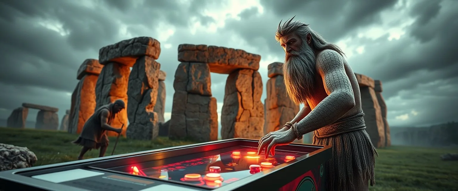 stone age pinball played by stone age man 4d rendering by the stone henge