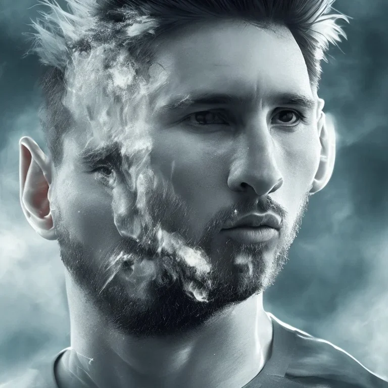 Leo Messi detailed face art cinematic and cyan and white sky