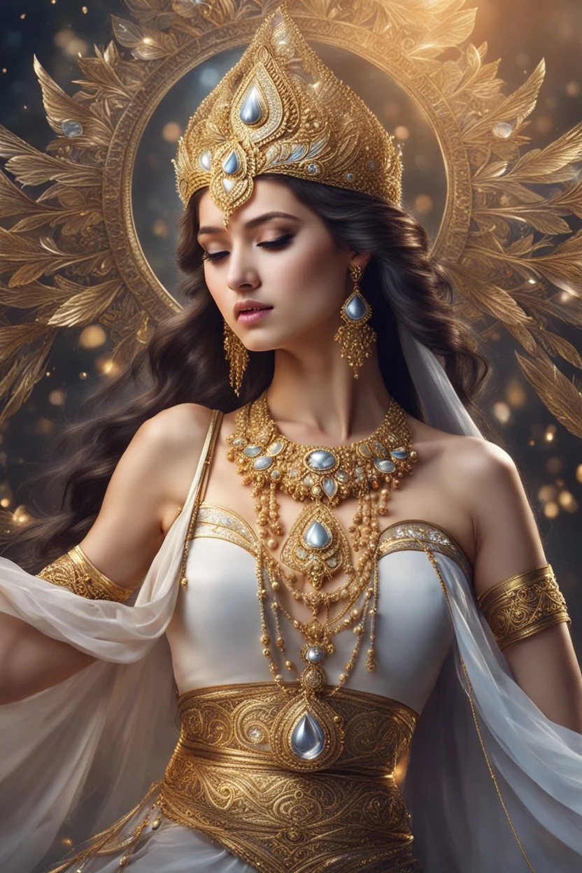 Close up Beautiful Goddess Photo Portrait Fantasycore Artwork, fullbody,wearing traditional golden silver ornaments dress ,Intricate Photography, A Masterpiece