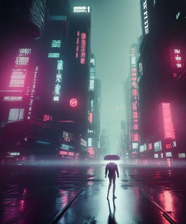 circular white moon, 3D, beautiful, light reflecting, empty city, midnight, rainy night, neon, cyberpunk, person walking