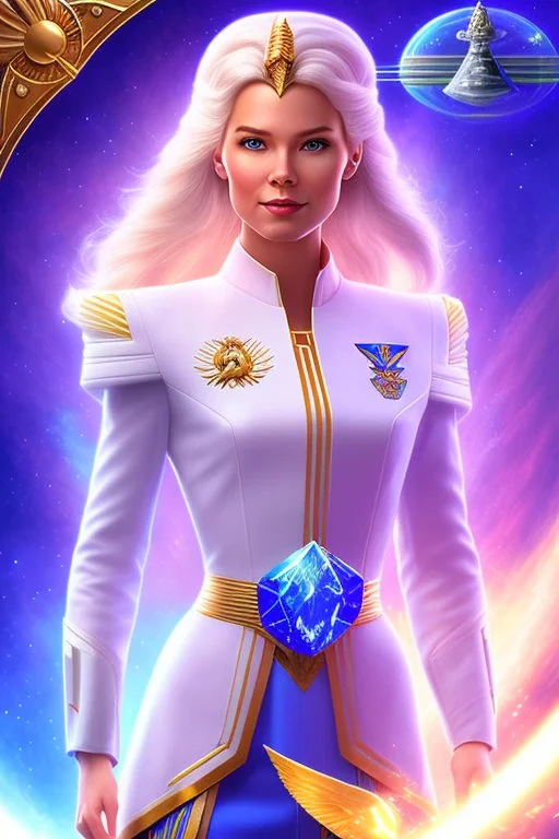 young cosmic woman admiral from the future, one fine whole face, large cosmic forehead, crystalline skin, expressive blue eyes, blue hair, smiling lips, very nice smile, costume pleiadian,rainbow ufo Beautiful tall woman pleiadian Galactic commander, ship, perfect datailed golden galactic suit, high rank, long blond hair, hand whit five perfect detailed finger, amazing big blue eyes, smilling mouth, high drfinition lips, cosmic happiness, bright colors, blue, pink, gold, jewels, realistic, real