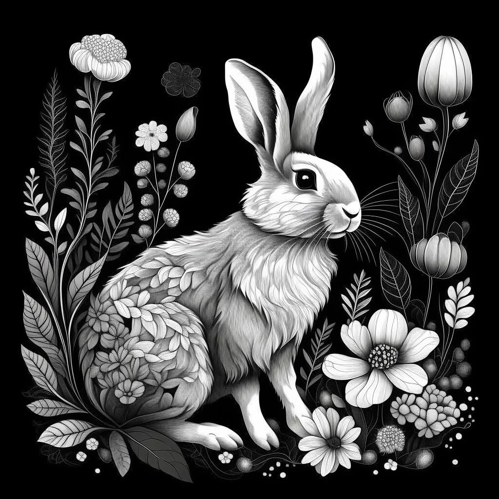 a beautiful rabbit between seeds and big flowers black background .black and white colors. for a coloring book . with grayscale