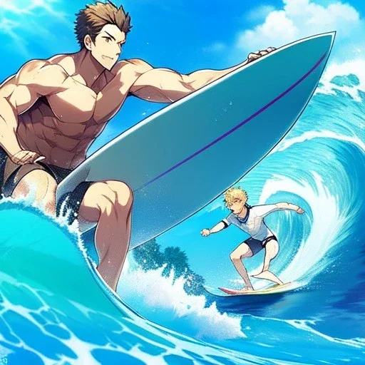 anime boy, anime boy, surfer boy, surfer, waves