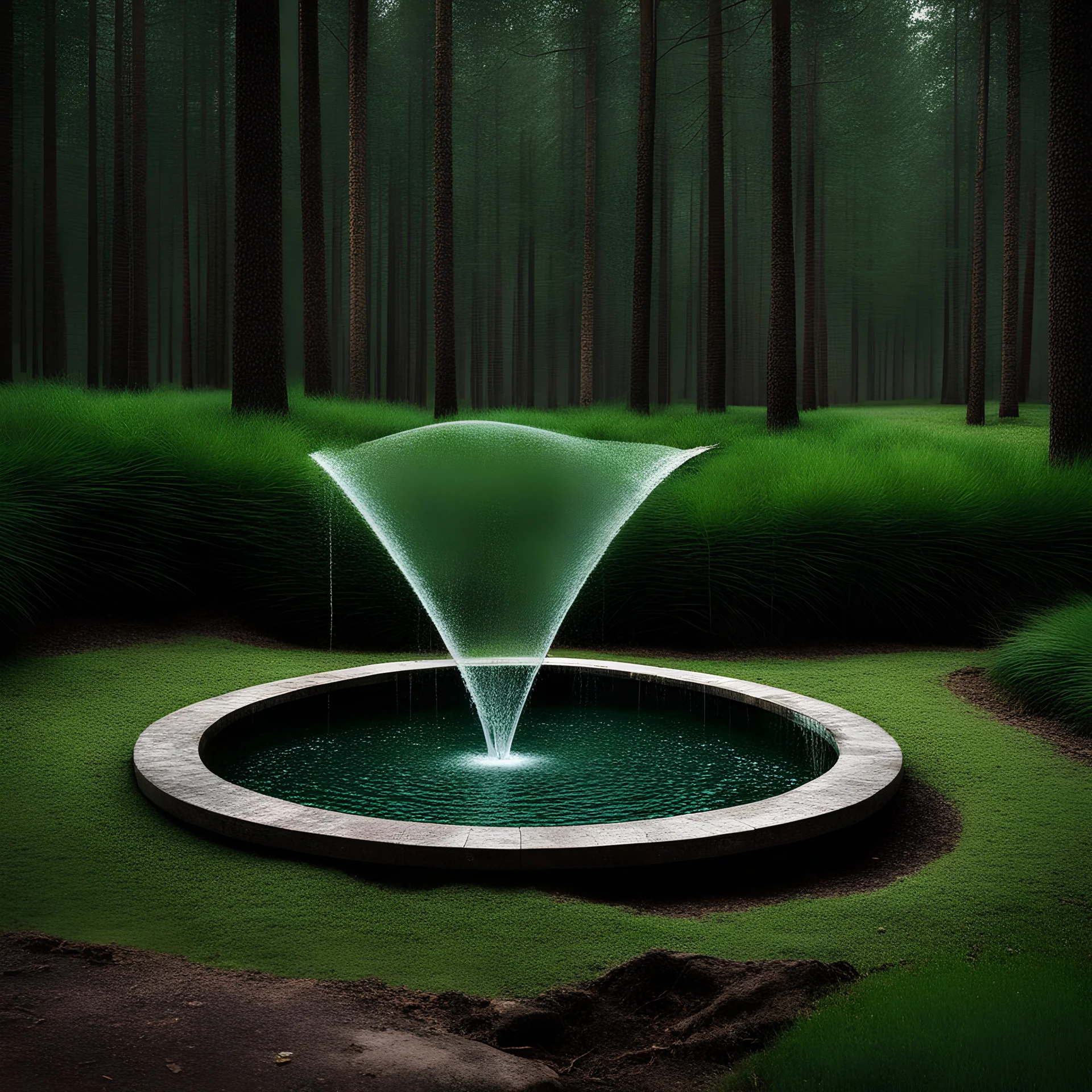 A water fountain made of grass is located in the forest