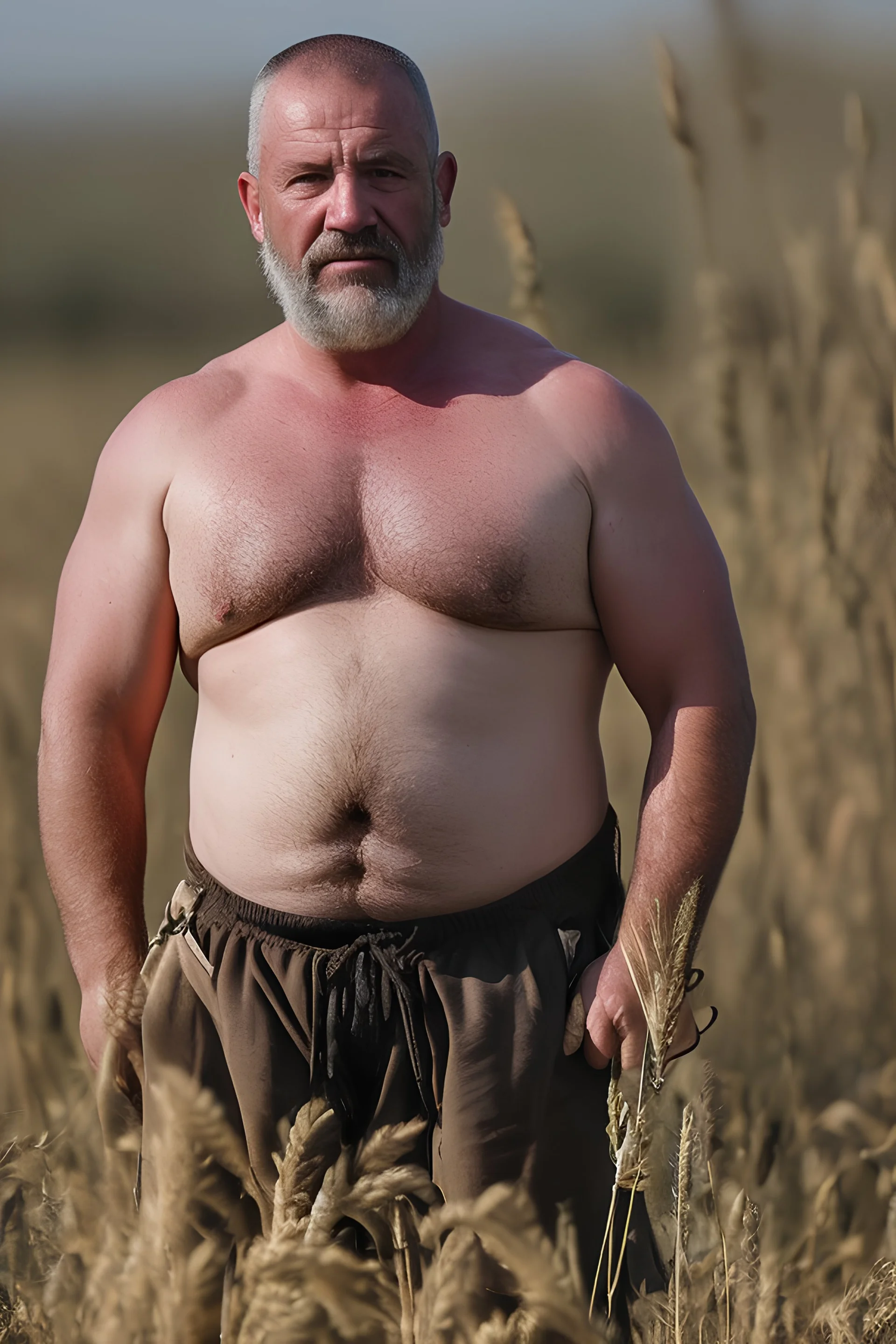 photography of a relaxing tired burly chubby stocky muscular tattooed sicilian farmer 50 years old under the sun sitting down in a wheat field,, ugly, manly chest, sweat, with the shirt open, bulging boxer, frontal view from the ground, 35mm lens , countryside