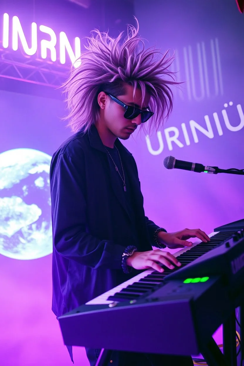 French cool synth player with crazy techno acid hair, he is called "Jean-Maurice Brûlée" performing at dance club, his name is "Jean-Maurice Brûlée" , white and purple Neon lights and purple smog, and "URINIUM" big sign on the wall, he is playing on synthesizers on stage with lot of laser beams and wearing black sunglasses, an earth is projected in background