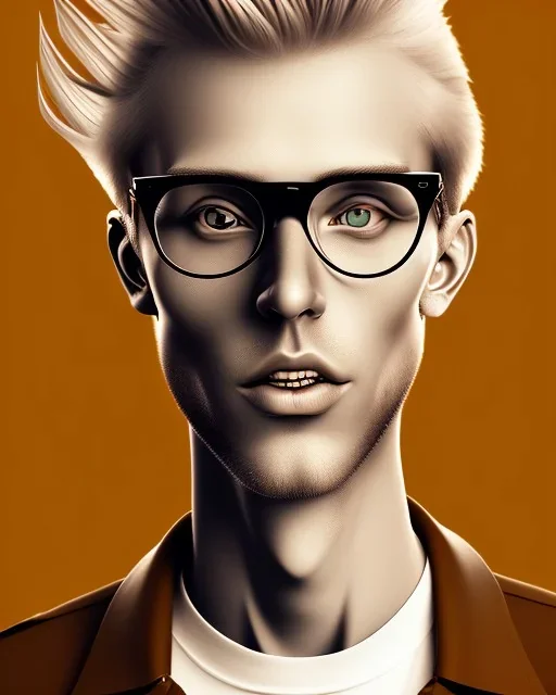 a tall guy who is skinny and scrawny with blond hair and blond beard. his hair is to the left side and he wears glasses. he is wearing a white t-shirt, black jeans and has straight teeth and brown shoes. tim burton style