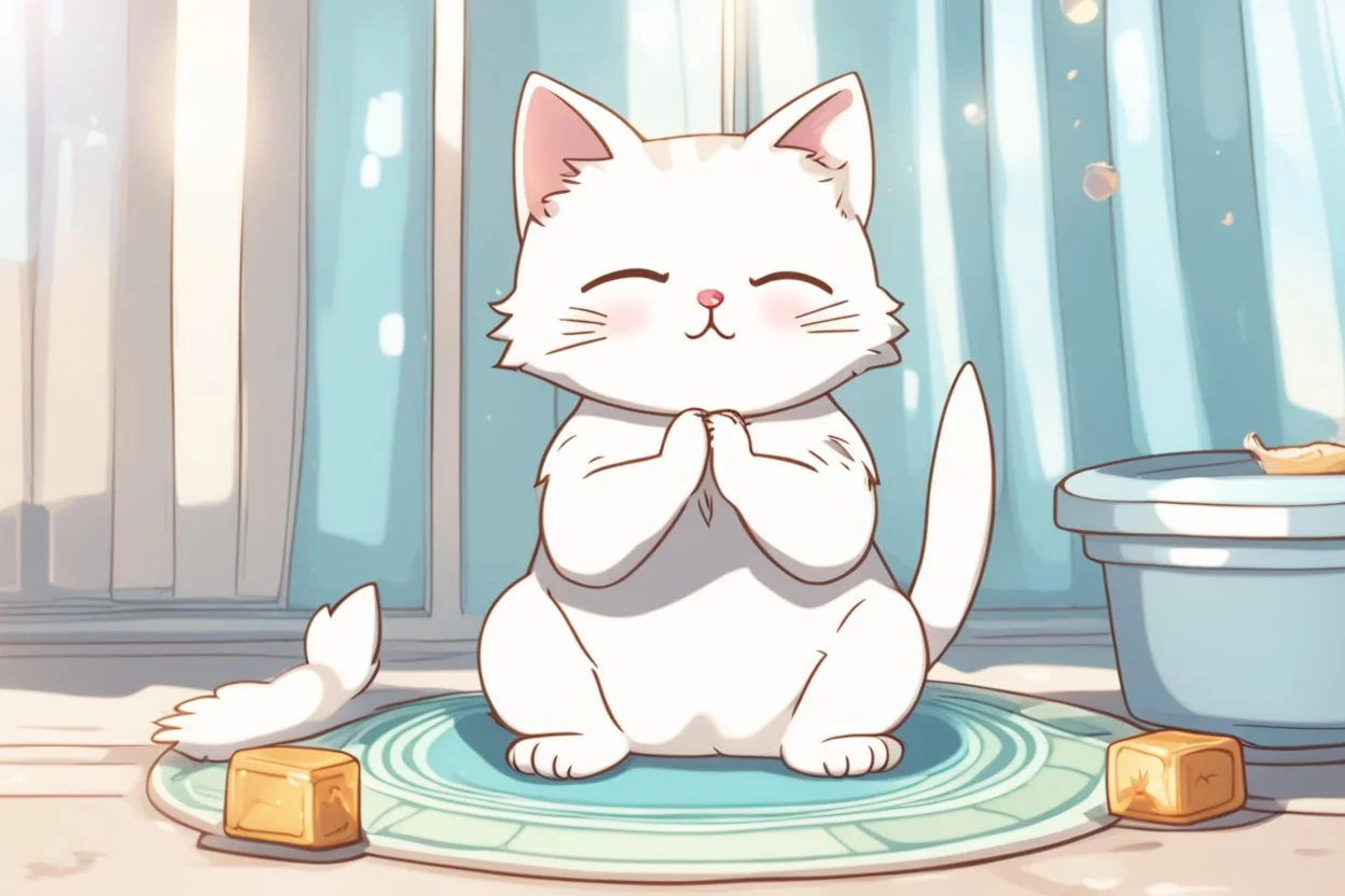 cute chibi thankful cat praying in an icy room in sunshine