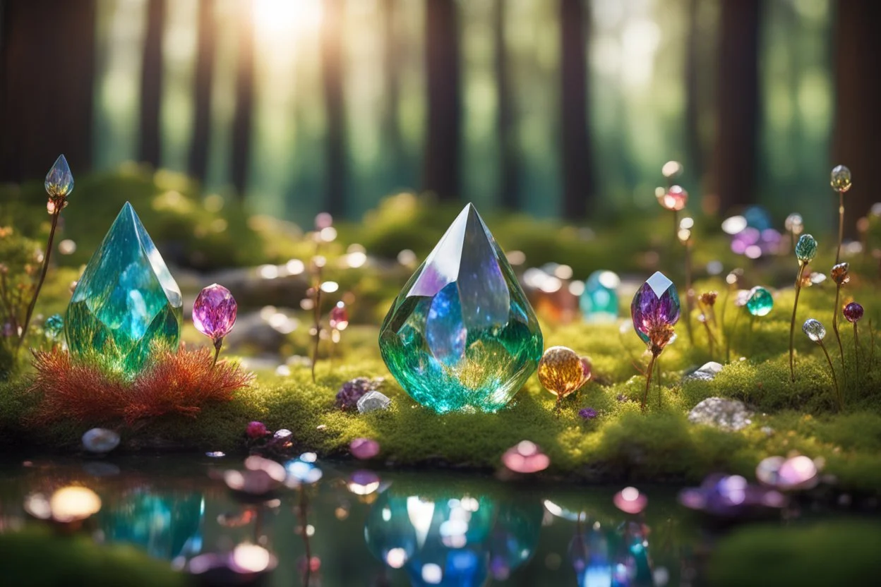 Coloured glass forest, meadow and pond set with gemstones, glittering metal stems and gemstone leaves sharp focus elegant extremely detailed intricate very attractive beautiful dynamic lighting fantastic view crisp quality exquisite detail gems and jewels S<AI in sunshine Weight:1 Professional photography, bokeh, natural lighting, canon lens, shot on dslr 64 megapixels sharp focus Weight:0.9