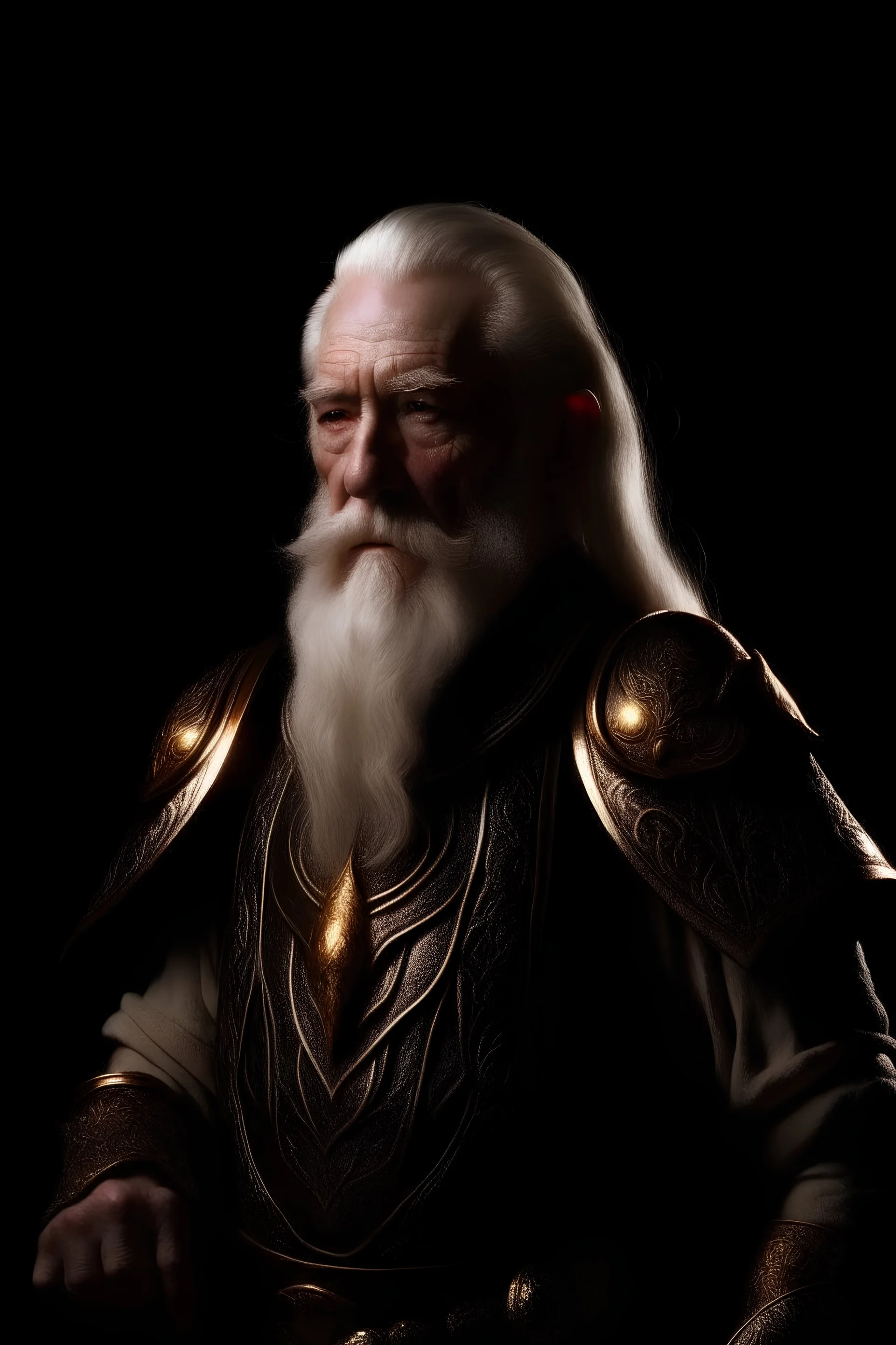 merlin l'enchanteur homme barbe blanche âgé de 80 et armure ambiance futuriste wagnerienne fond noir