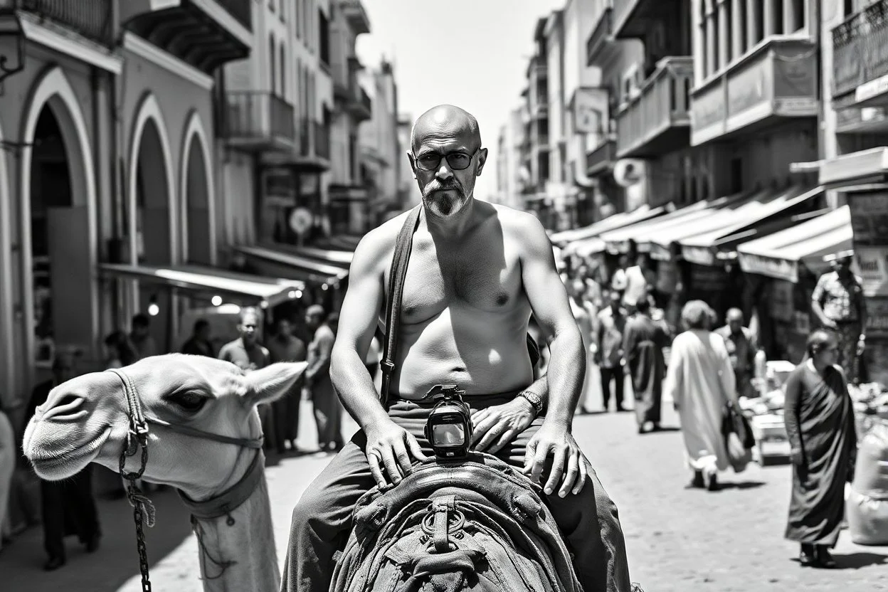 man looking like "Walter White" in breaking bad tv show, bald and goatee, with bare chest riding on a camel in a alley Casablanca town, panorama, black and white photo, lot of markets and people in background
