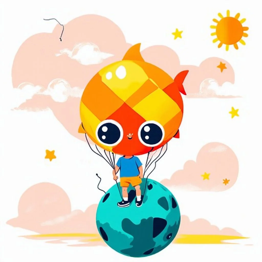 Charming stylized characters. Large heads, big expressive eyes, small, delicate features. Done in the playful and minimalist style of modern children’s book illustration. Diffused outlines, misty, dream-like quality. Colors are warm and subdued illustrating a cheerful demeanor. With a touch of quirkiness. Show me a cute young kid with a balloon in the shape of a big fractal-decoration-covered fish standing on s little planet floating in a sky painted with stars, suns and planets like ones one wo