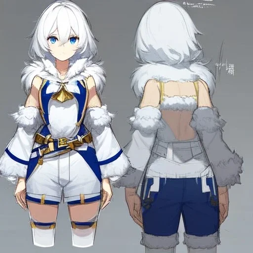 Clear focus, High resolution, rough line sketch art, short fluffy white hair, hair between eyes, fluffy hair, blue eyes, wearing a sleeveless shirt, wearing shorts, detailed outfit, lots of details, bow on belt, white belt, white and blue everywhere on outfit, cut sleeve, yellow chains around outfit, concept art