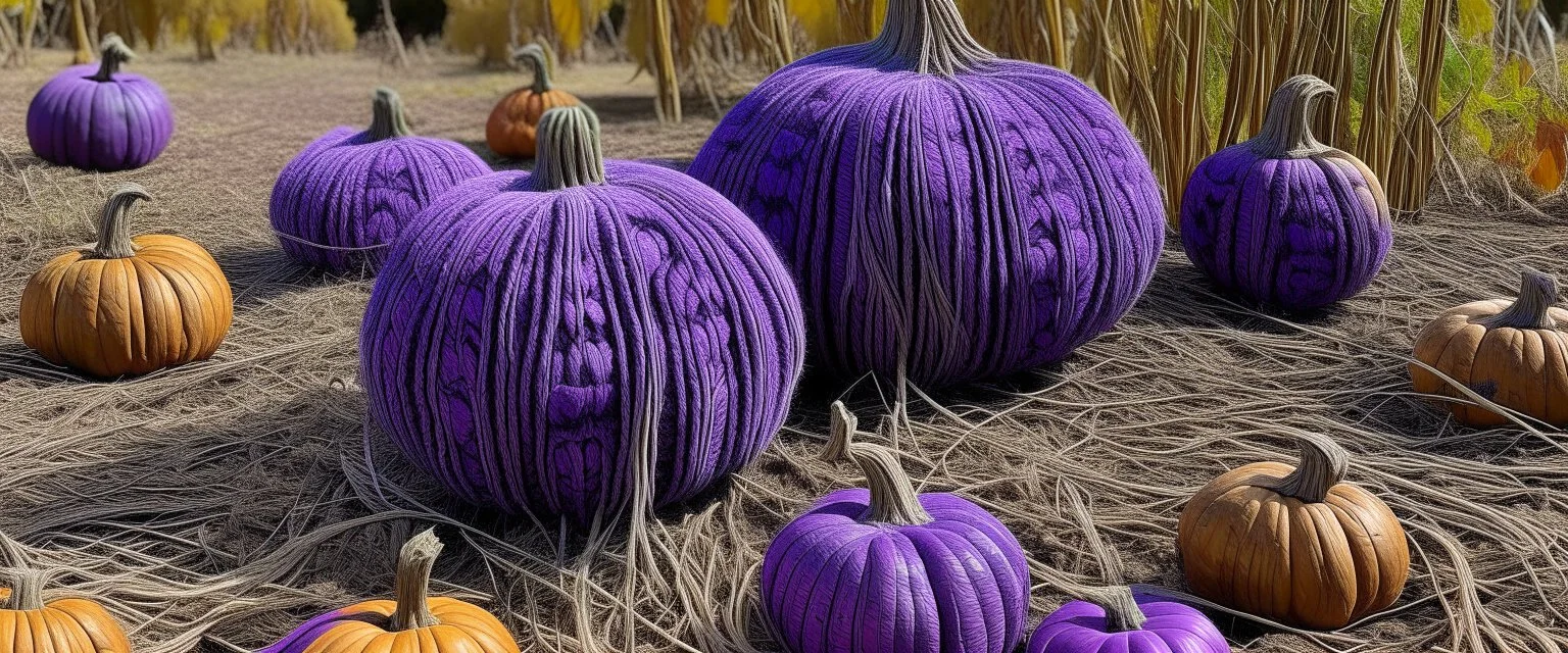 A purple marsh with rotten pumpkins designed in Navajo yarn