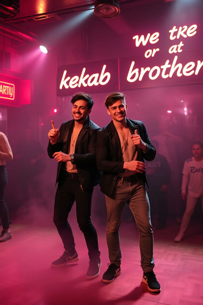 An "Identical twins" performing at dance club, theyre name is "Martin and Mercurius" Happy and celebrity look, , Neon lights and smog, "We are the kebab brothers" big sign on the wall