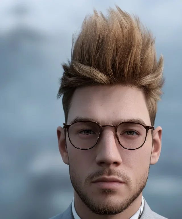 a young man, BLONDE hair, beard, green eyes, glasses, anime, deep colors, cyberpunk, great pose, Realistic photography, incredibly detailed, ultra-high resolution, 8k, complex 3d render, cinema 4d.