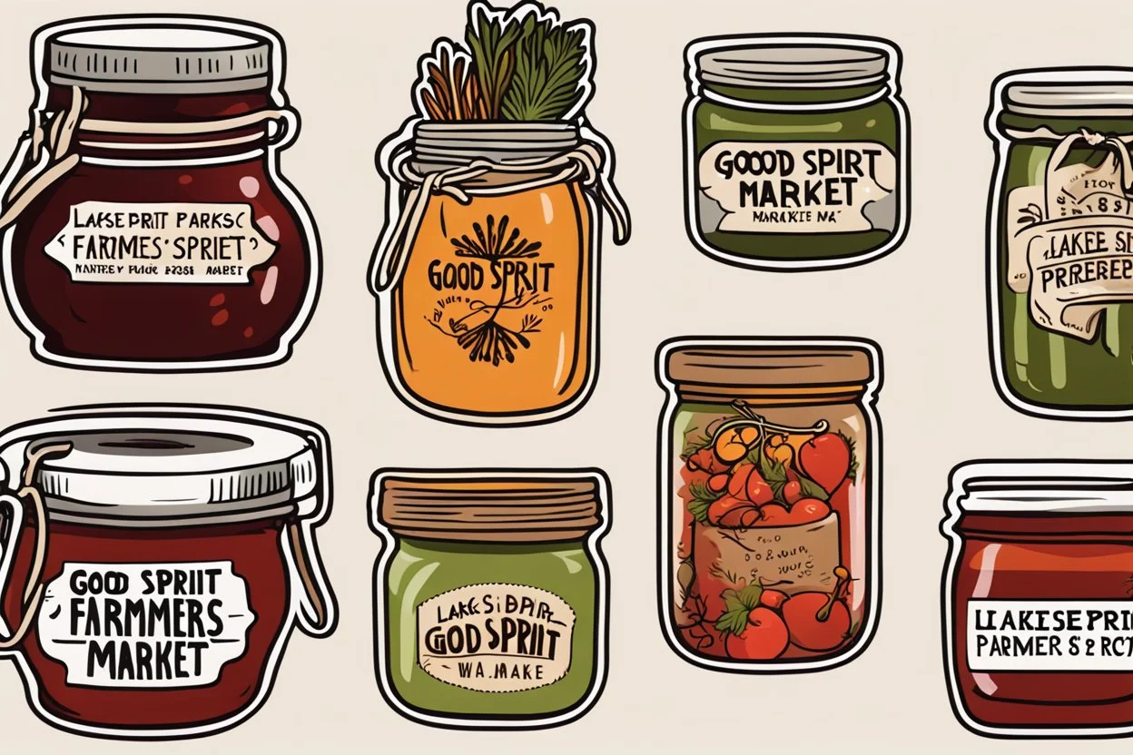 Stickers for a lakeside farmers' market "Good Spirit Market" in a national parks sticker style, featuring illustrations of home preserves.