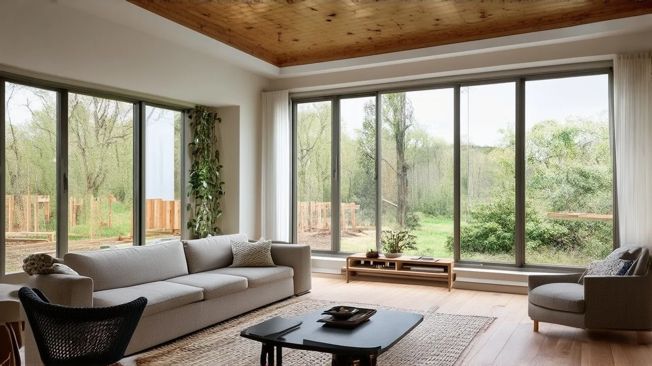 Design of a living room with an open concept, large windows that provide abundant natural light, and use of recycled and ecological materials for construction.