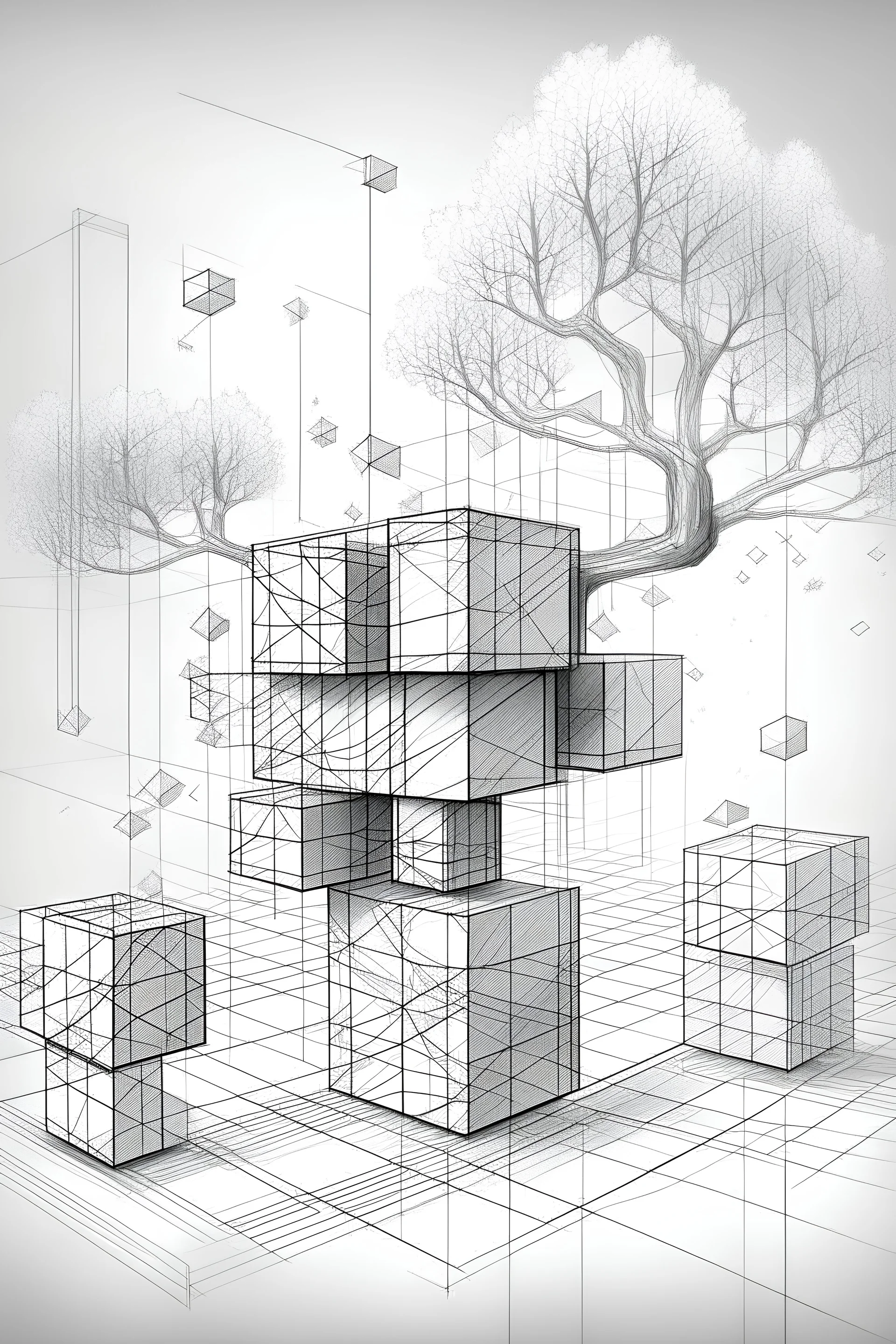 Metabolism, concept - LINES, CUBES, no support at bottom and cubes in the air with superimposition of tree- Architectural concept