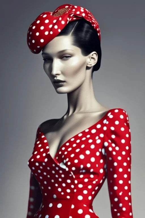 Behold the majestic Bella Hadid a striking figure draped in elegance and refinement as she channels the timeless style of the beloved Princess Margaret during her visit to the exotic land of Trinidad in 1955 donning a ravishing red polka dot dress that effortlessly showcases her effortless grace and a pair of pristine white gloves that exude regal sophistication all while strutting down the illustrious Rodarte catwalk with a confidence that leaves mere mortals in awe and admiration