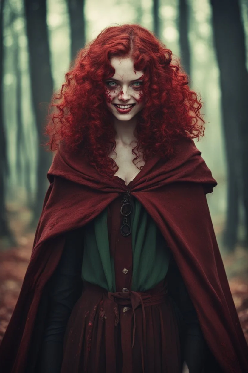 Evil sadistic eighteen-year-old girl, green eyes, blood-red curls, covered with a brown cloak, smiling in the middle of the forest, covered in blood