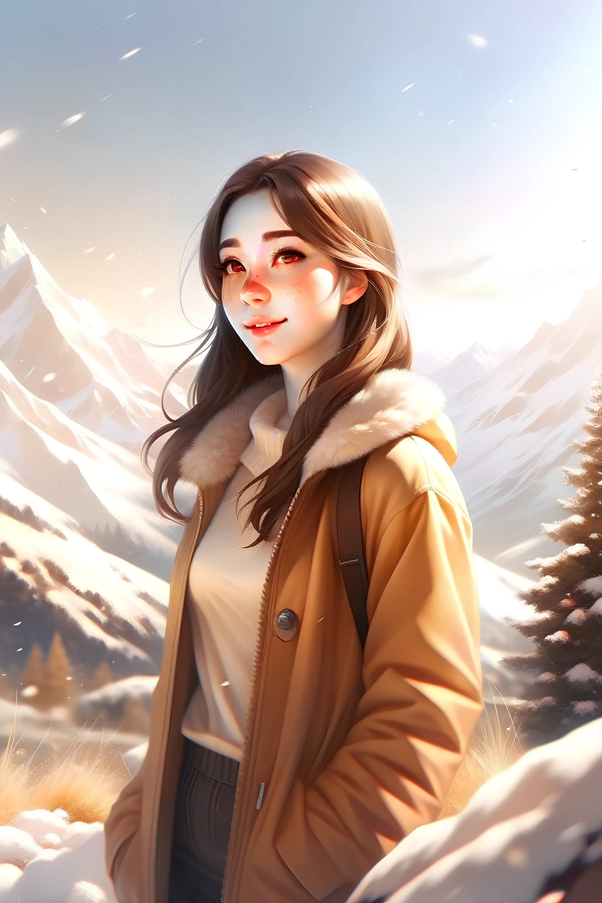 Digital art, high quality, digital masterpiece, natural illumination, sunny day, realistic, film style, (full body:2.5), (1 young teenage girl: 3), (Brown hair:1.8), (pale skin:1.8), (subtlety smiling:1.8), (Mountain:2), (Winter:1.8)