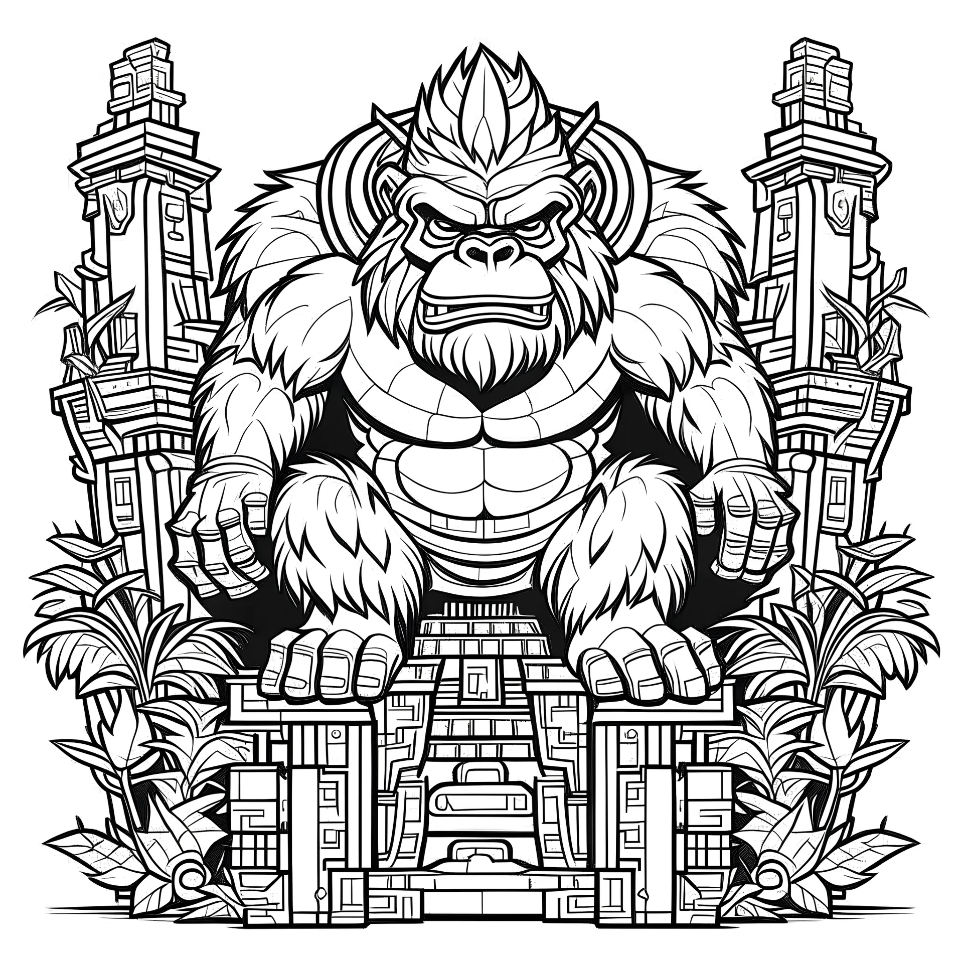 outline art for square gorilla tiki totem coloring page for kids, classic manga style, anime style, realistic modern cartoon style, white background, sketch style, only use outline, clean line art, no shadows, clear and well outlined