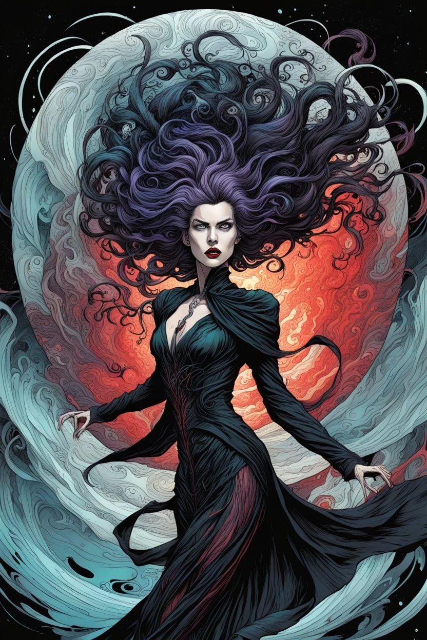 full color full body illustration of a surreal, ethereal, futuristic female vampire time traveler, emerging from a swirling cosmic maelstrom ,with highly detailed hair and facial features in the style of Sveta Dorosheva and Travis Charest, detailed and sharply defined line work and bold inking, rich, dark natural color palette, 4k, on an ornate abstract background