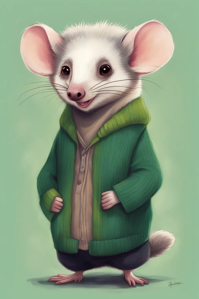 Green opossum wearing cardigan cute art
