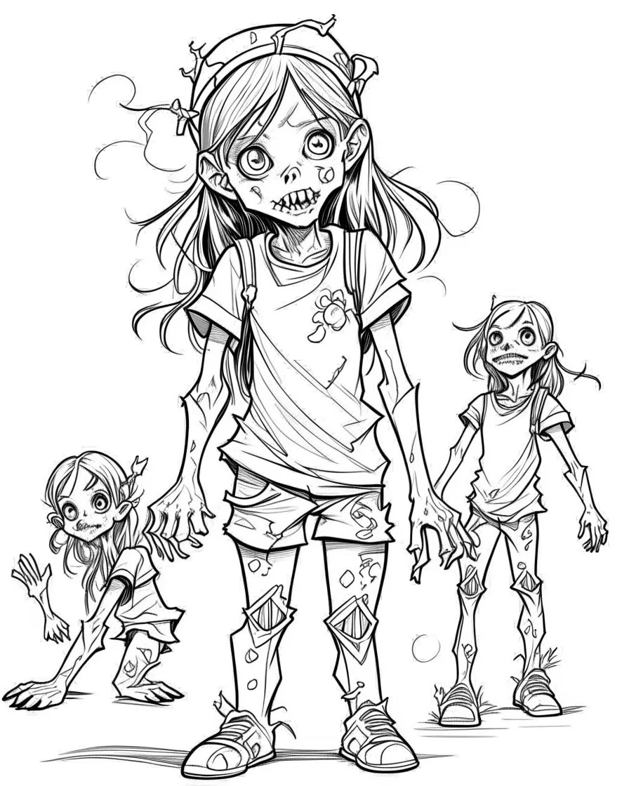 real little girl zombies, coloring image , full body (((((white background))))), only use an outline., real style, line art, white color, clean line art, white background, Sketch style