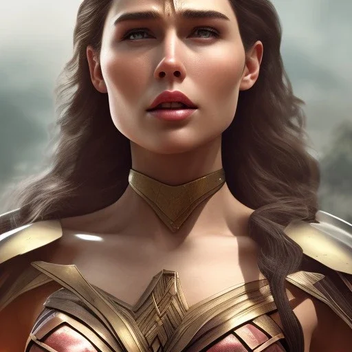 Wonder woman posing in front of a giant insect, futuristic design, a paradise in background, close-up face, geometric armor, female face, 3d unreal engine, black face, close up armor, church detail, lovely face