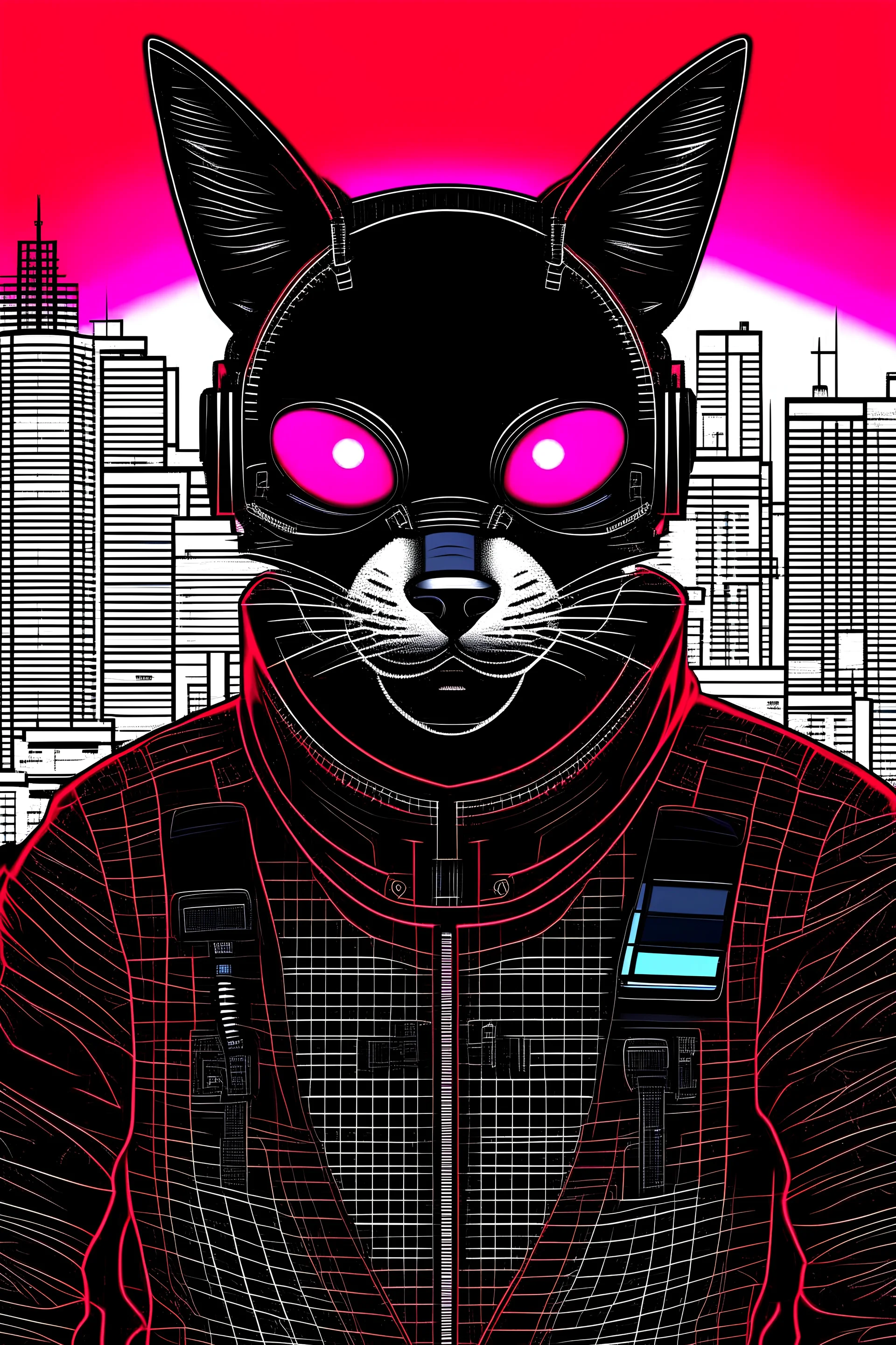 Retrato dibujo de contorno de Catman, negro y rojo con traje cyberpunk, fondo ciudad