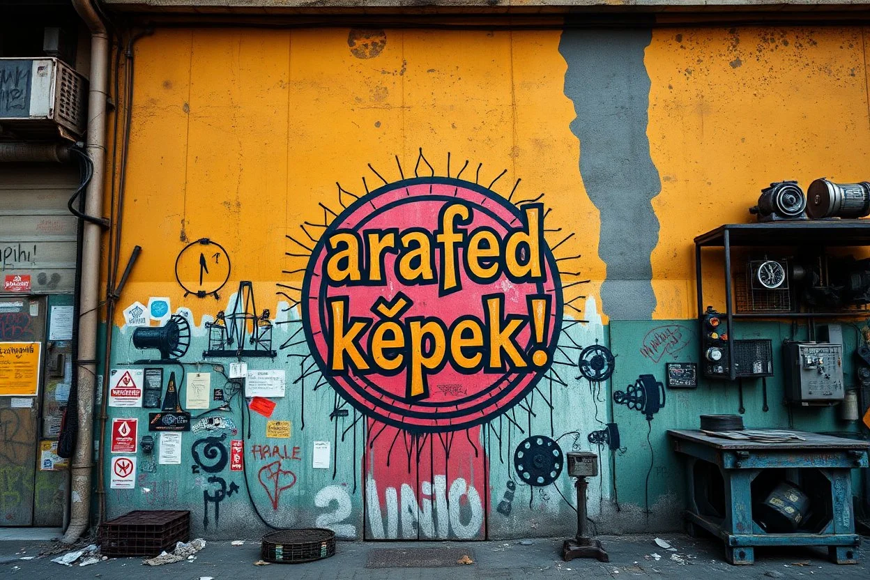 there is an arafed sign that says "arafed képek!" on the wall of a building, front view, rolands zilvinskis, dystopian grunge, steampunk grafitti, hyper realistic digital art, sticker art, disco elysium style, pexels, neoexpressionist, gritty background, solarpunk, oilpunk, unsplash transparent, to be or not to be, scrap metal on workbenches, infinite regression, interconnected human lifeforms, by Hans Bol, symbolic mural, a cd album cover art by Kurt Roesch, graffiti, disco elysium character