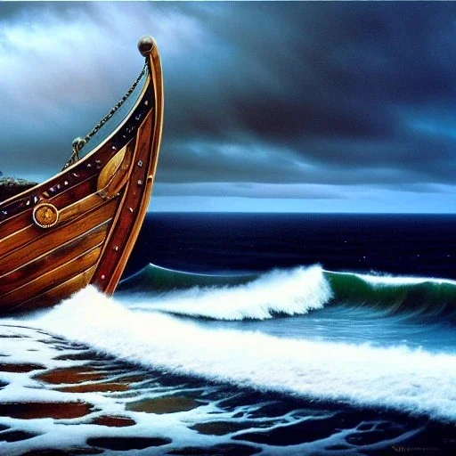 portrait of 'Viking Ship on rough seas',snow,vikings,ancient armor,painting by Earl Norem, simon Bisley,frazetta evan lee, Vallejo,kelly oil on canvas, cinematic composition, extreme detail,fit full head inside picture,8k