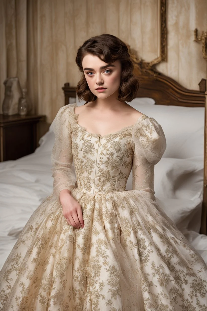 you find yourself captivated by the image of Maisie Williams, adorned in a vintage gown and exuding a sense of pride, standing confidently in front of a bed. The room is steeped in an air of nostalgia, transporting you to a bygone era. Maisie Williams, with a glimmer of determination in her eyes, stands before the bed, radiating an aura of elegance and confidence. Her vintage gown, adorned with delicate lace and flowing fabric, accentuates her grace and poise. And around her waist, a garnet belt