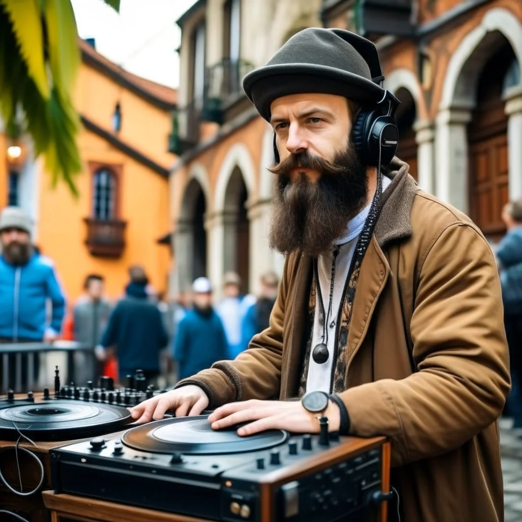 A short brown beard DJ with a hat on his head sing at microphone, the DJ console, many electronic consoles around, play middle street of medieval city, FRONT VIEW