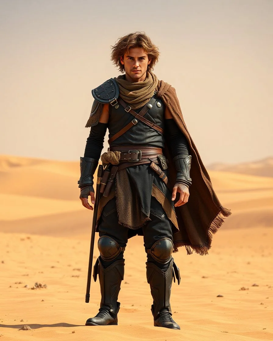 Dune Movie Character fullbody stand on the desert Young Man curly hair Warrior futuristic clothing deep blue eyes in Dune Movie Character