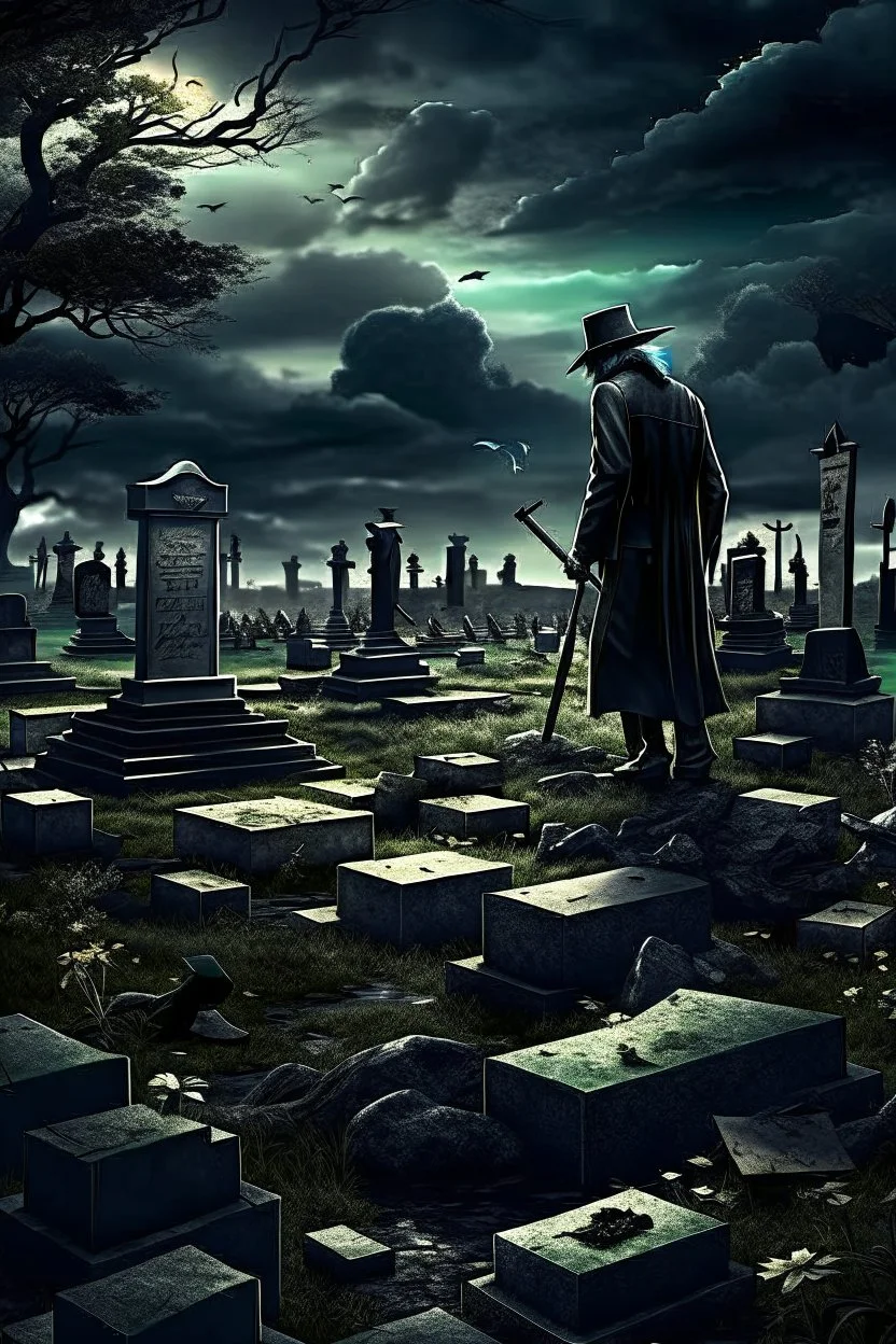 An image of a desolate graveyard under a brooding sky, a lone grave digger with a shovel, surrounded by abstract, futuristic elements. The open grave is filled with crisp, high-resolution stacks of money, conveying a sense of isolation and melancholy.