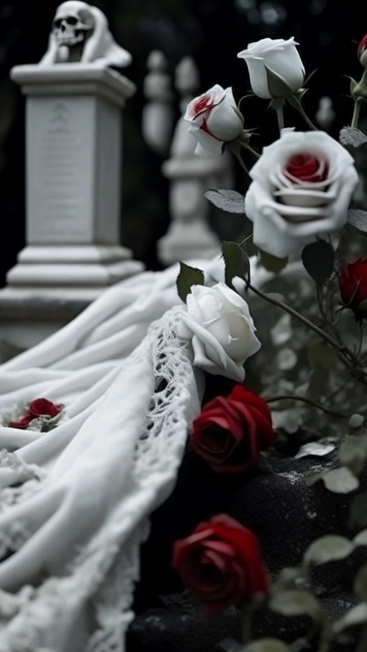 A grave above it a white bride lace scarf and blood on it. and white roses. Cinematic picture