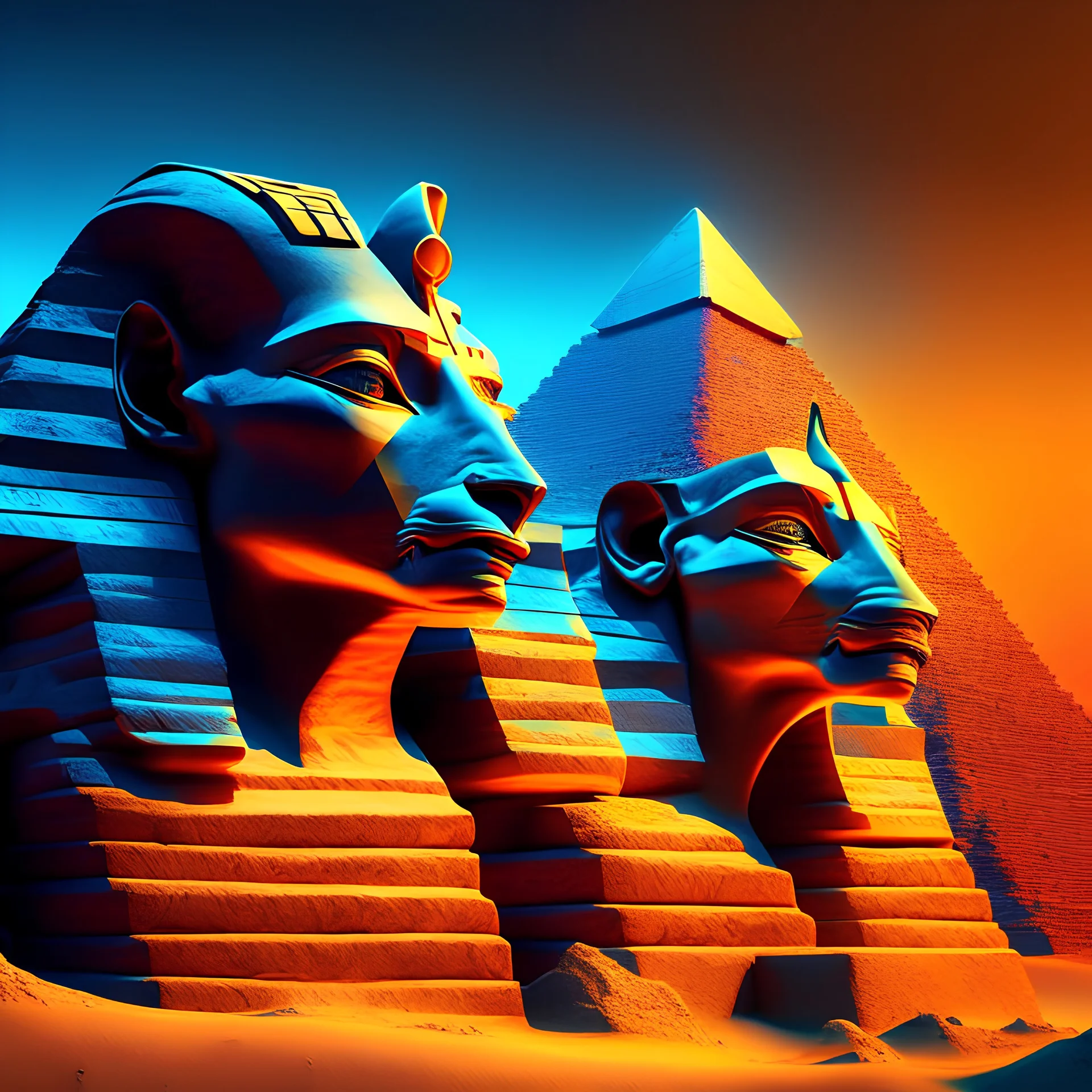 Piramides de Egipto y Esfinge obra de arte colores complementarios arte digital detallado hiperrealista iluminación cinematografica hermoso impactante coherente nítido 8k