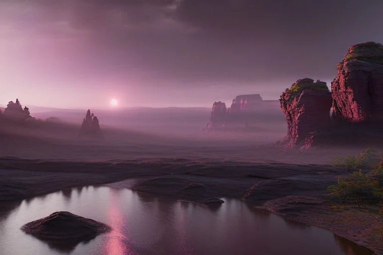 Purple alien sky, rocky river, science fiction landscape