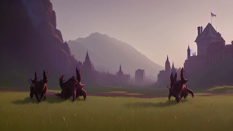 dragons in a field in front of the castle