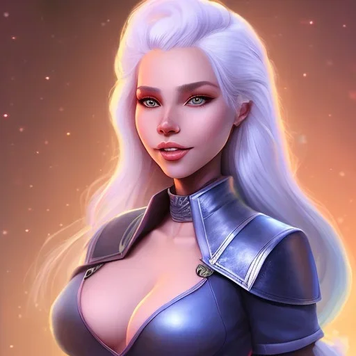 D&D character, female, cleric, platinum blonde hair, gold eyes, smile, blue armor