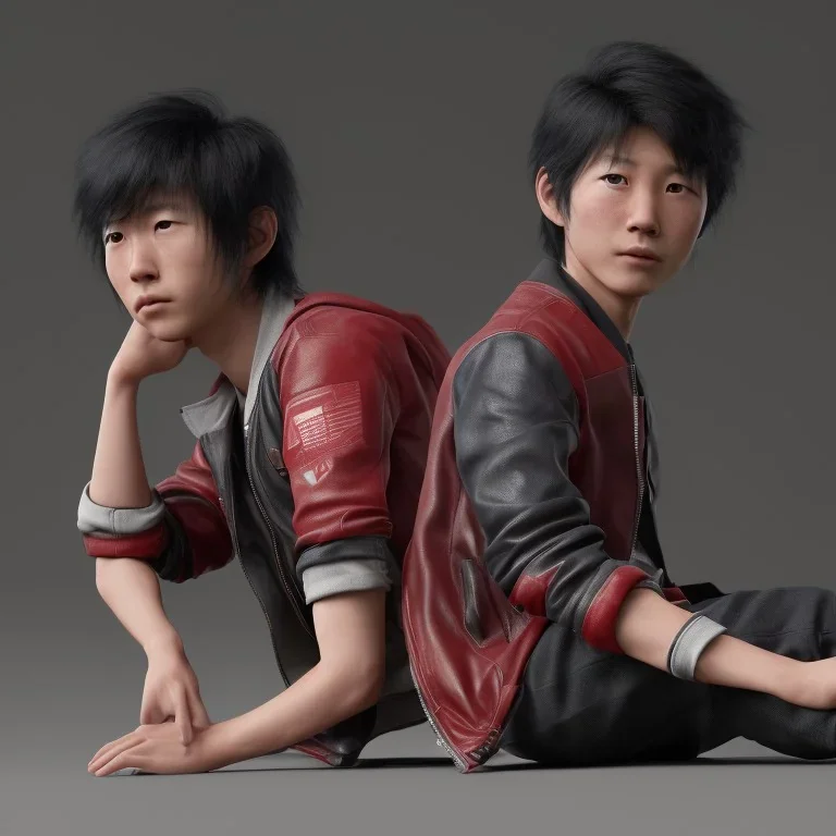 Distant Japanese boy, black hair, sitting on floor with back to back, red akira jacket, extremely detailed, extremely realistic